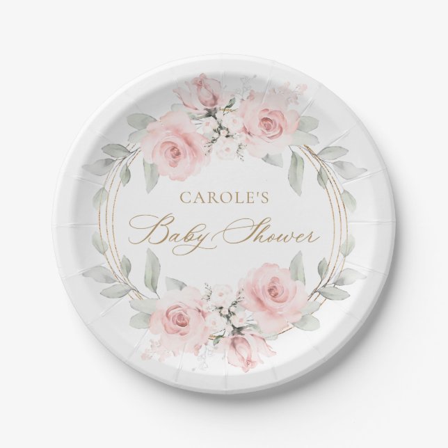 Blütenrot Rosa goldgrüne Babydusche Pappteller (Vorderseite)