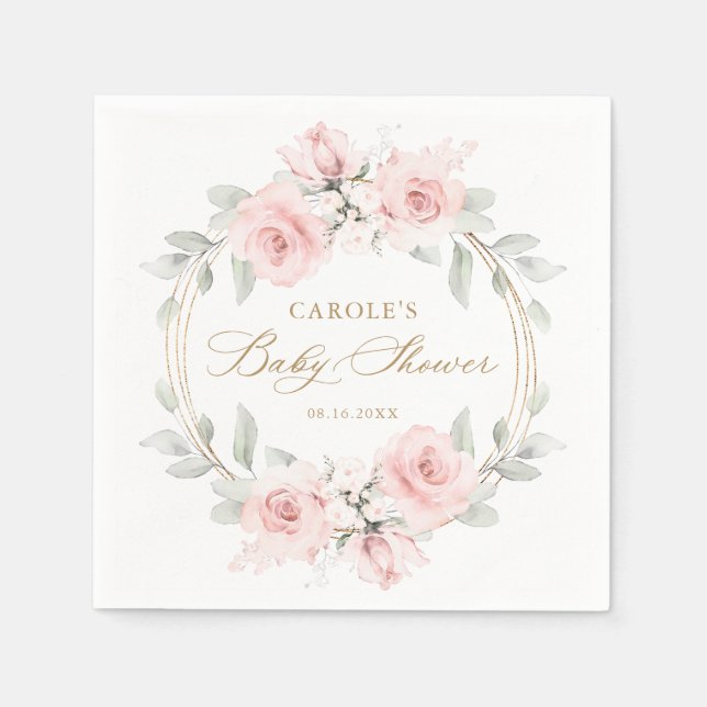 Blütenrot Rosa Grünpflanzen Gold Babydusche Serviette (Vorderseite)