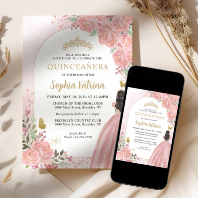 Blütenrot Rosa Prinzessin Birthday Quinceanera Einladung (Von Creator hochgeladen)