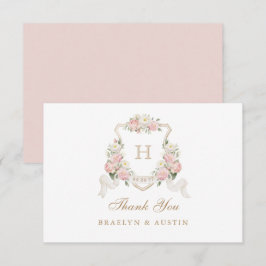 Blütenrot Rose Grünes Wappen Monogramm Hochzeit Dankeskarte