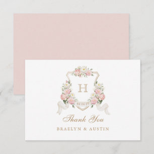 Blütenrot Rose Grünes Wappen Monogramm Hochzeit Dankeskarte