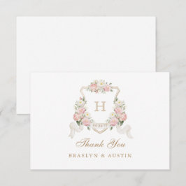 Blütenrot Rose Grünes Wappen Monogramm Hochzeit Dankeskarte