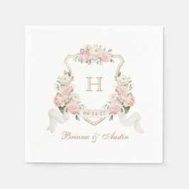 Blütenrot Rose Grünes Wappen Monogramm Hochzeit Serviette