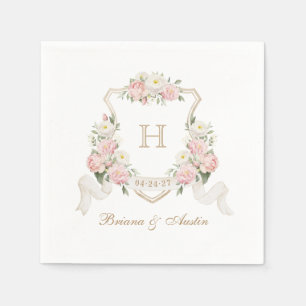 Blütenrot Rose Grünes Wappen Monogramm Hochzeit Serviette