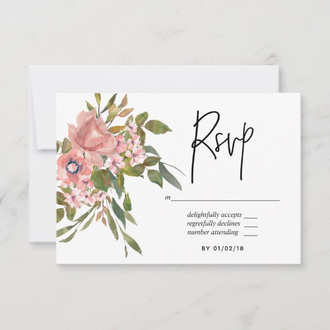 Blütenrot und Rose Hochzeitsgold Wasserfarben RSVP (Vorderseite)