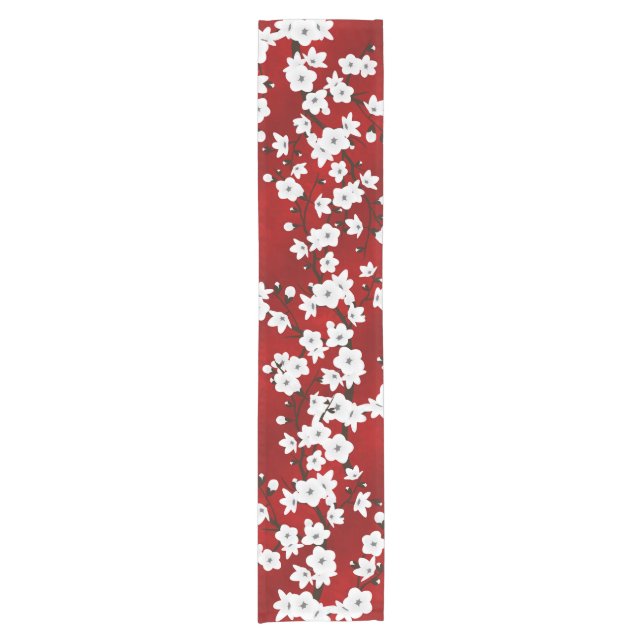 Blütenrot und Weiße Kirschblüten Kurzer Tischläufer (Vorderseite)