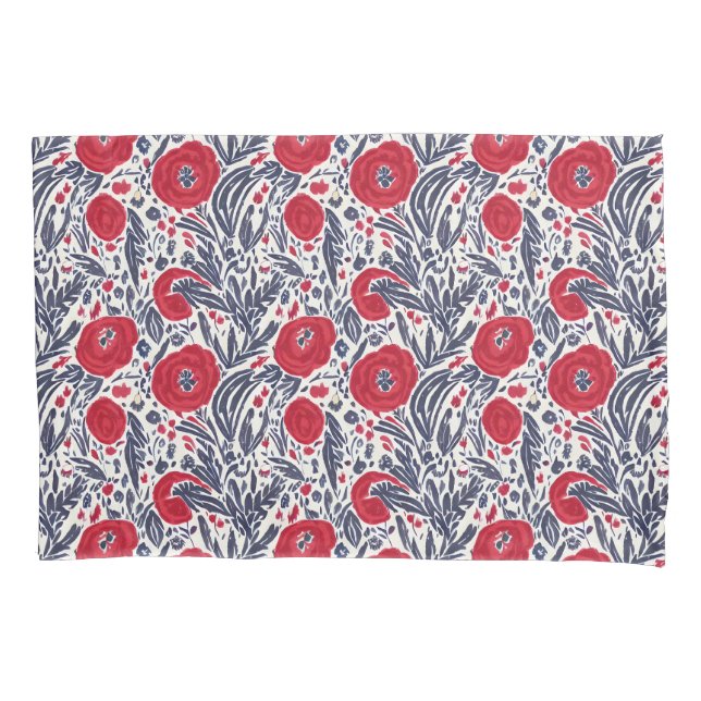 Blütenrot Weiß & Blau Botanische Paprika Kissenbezug (Vorderseite)