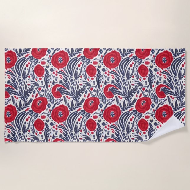 Blütenrot Weiß & Blau Botanische Paprika Strandtuch (Vorderseite)