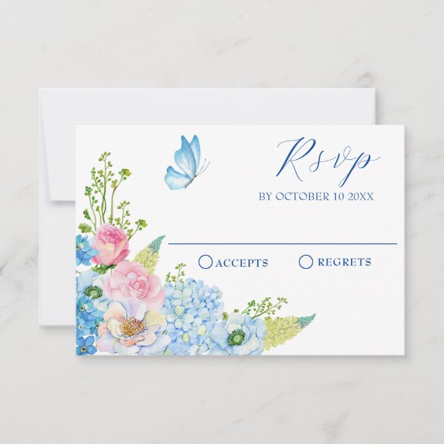 Blütenschmetterling aus Blaupink-Blume RSVP Karte (Vorderseite)