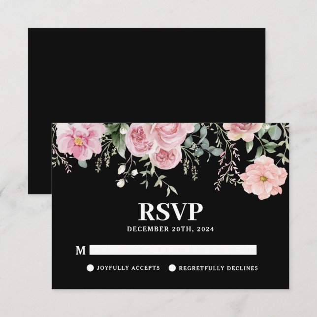 Blütenschwarz und rot-rosa Hochzeit RSVP Karte (Vorne/Hinten)
