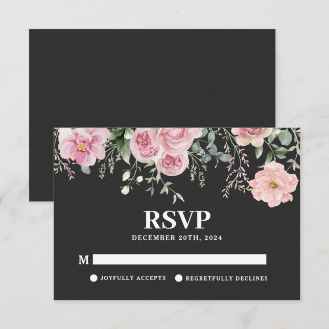 Blütenschwarz und rot-rosa Hochzeit RSVP Karte (Vorne/Hinten)