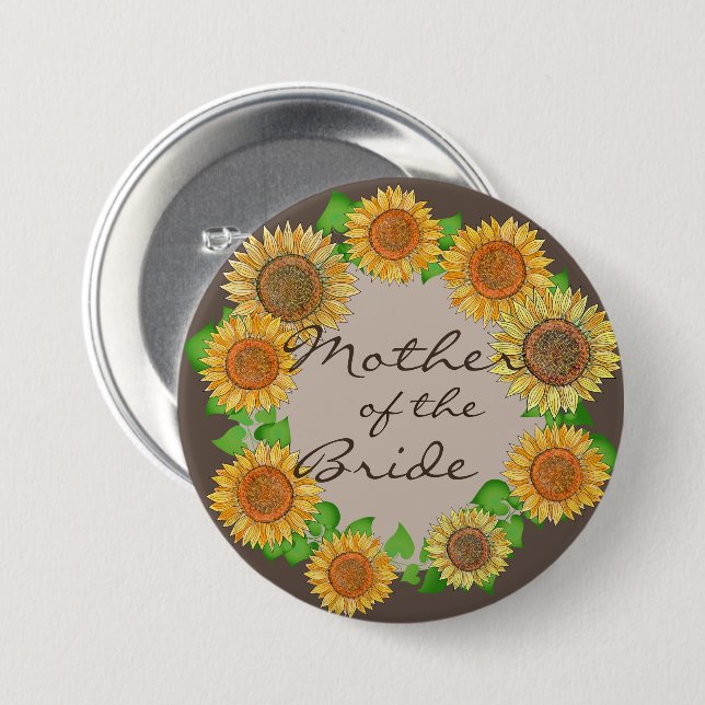Blütensonnenblume Rustikale Taupe Mutter der Braut Button (Vorne & Hinten)