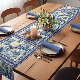 Blütenvase Blauer Chinoiserie-Toilmonogramm Kurzer Tischläufer