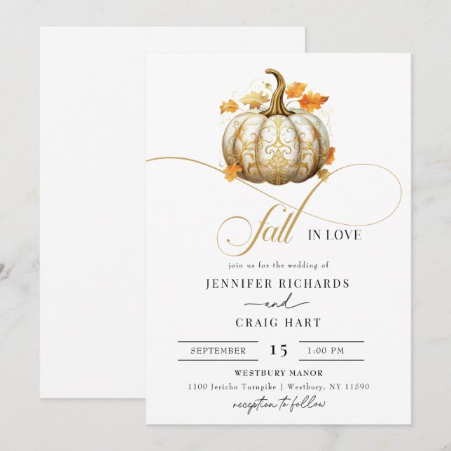 Blütenweiß und Gold | Pumpkin-Hochzeit im Herbst Einladung (Vorne/Hinten)