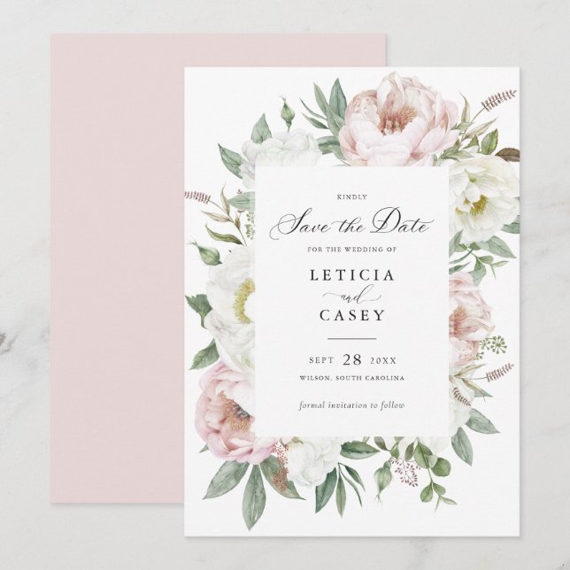Blütenweiße Peonies beim Hochzeitsfeiern speichern Einladung (Vorne/Hinten)