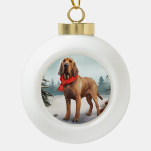 Bluthund im Schnee Weihnachten Keramik Kugel-Ornament