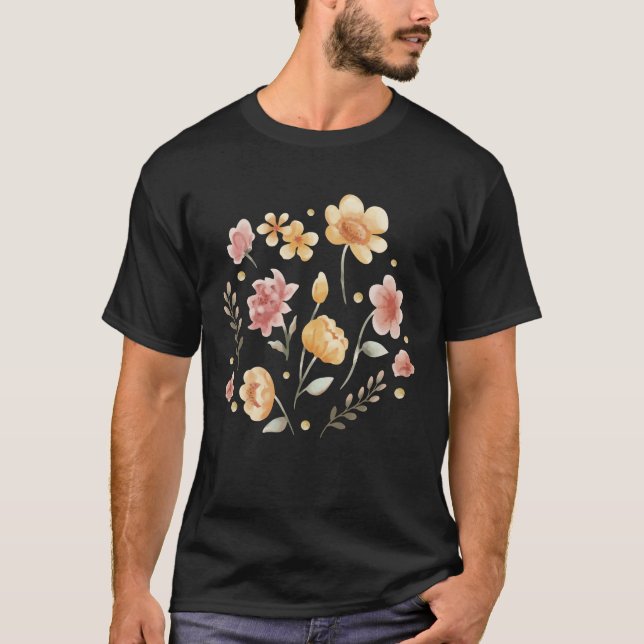 Blütige Blume und Blätter Aquarell T-Shirt (Vorderseite)