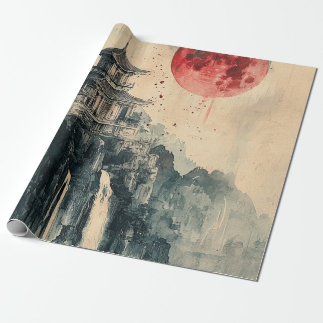 Blutmond-Pagode Tuschwaschung Geschenkpapier (Ungerollt)