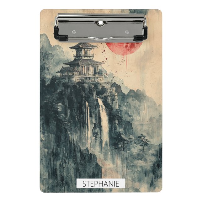 Blutmond-Pagode Tuschwaschung Mini Klemmbrett (Vorderseite)