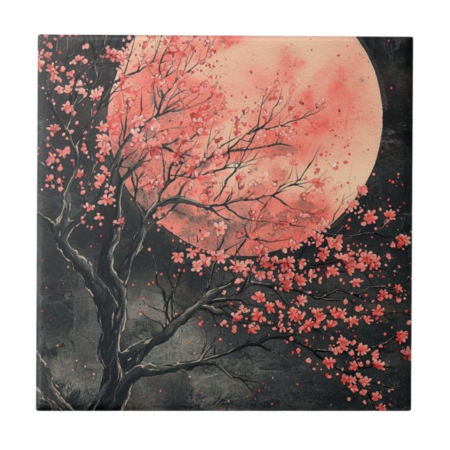 Blutmond Sakura-Tuschewaschung (2) Fliese (Vorderseite)