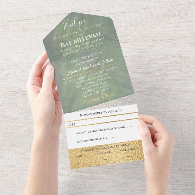 BM Bar Bat Mitzvah Grüntöne Silvers All In One Einladung (Abreißen)