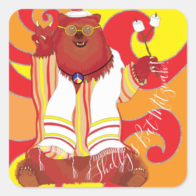 BM Bar Bat Mitzvah Hippie Tallit Bear Quadratischer Aufkleber (Vorderseite)