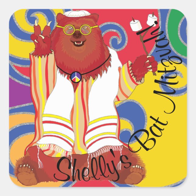 BM Bar Bat Mitzvah Sitting Hippie Bear Quadratischer Aufkleber (Vorderseite)
