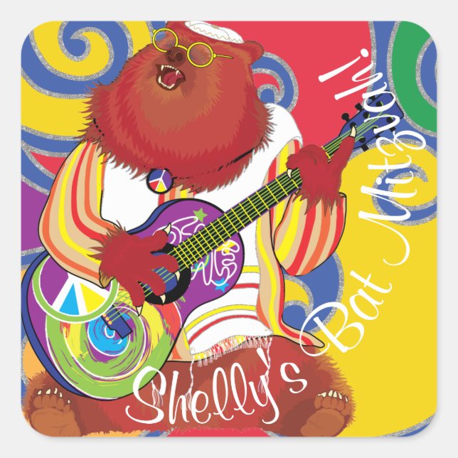 BM Bar Bat Mitzvah Wirbel Hippie Bear Quadratischer Aufkleber (Vorderseite)
