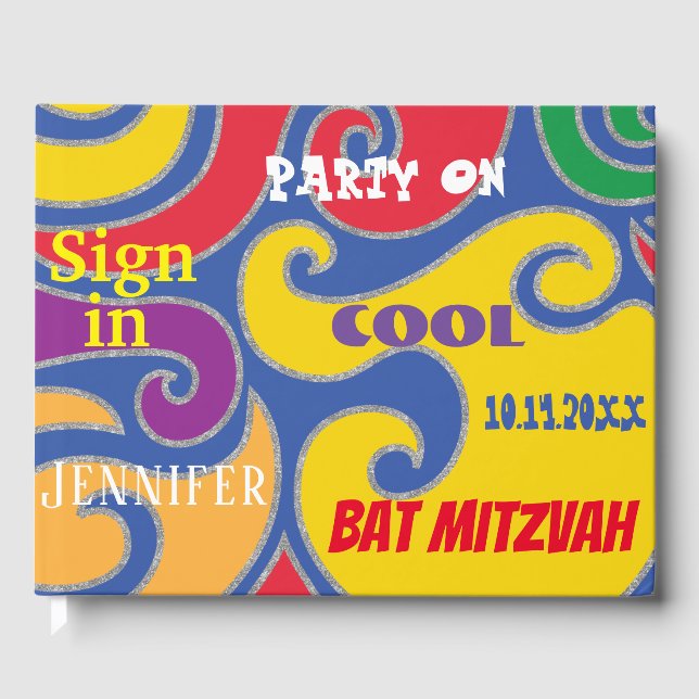 BM Bat oder Bar Mitzvah Farbige Wirbel Gästebuch (Vorderseite)