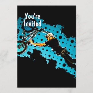 BMX Flying Stunt aus schwarzen und blauen Punkten Einladung