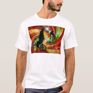 BMXers im roten und orange Grunge-Wirbel T-Shirt