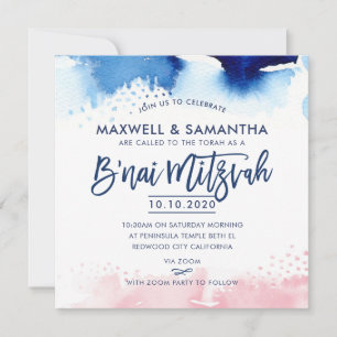 B'NAI MITZVAH handbuchstabiert blau-rosa Aquarell Einladung