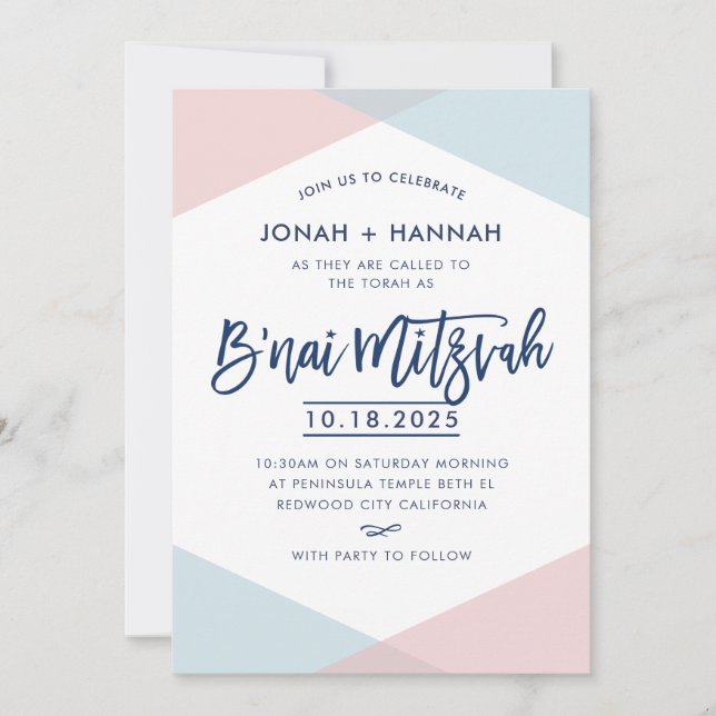 B'NAI MITZVAH modern minimal script blue pink Einladung (Vorderseite)