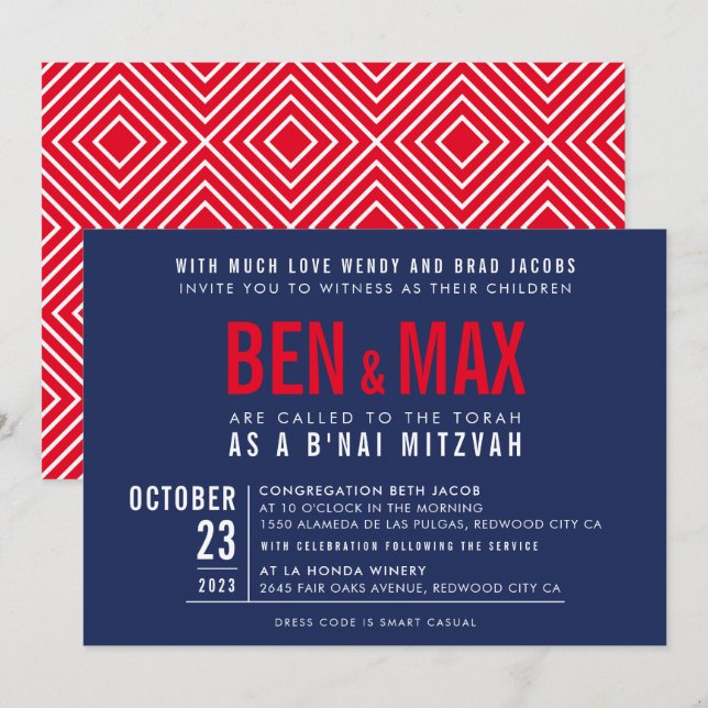 B'NAI MITZVAH Modernes, fettfreies Block, blau rot Einladung (Vorne/Hinten)