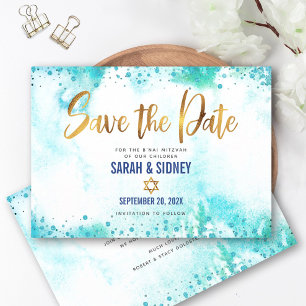 B'nai Mitzvah Turquoise Watercolor Gold Script Save The Date