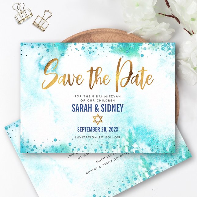 B'nai Mitzvah Turquoise Watercolor Gold Script Save The Date (Von Creator hochgeladen)