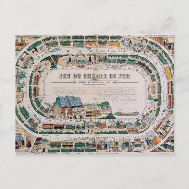 Board für ein Eisenbahnspiel, 1850 Postkarte (Vorderseite)