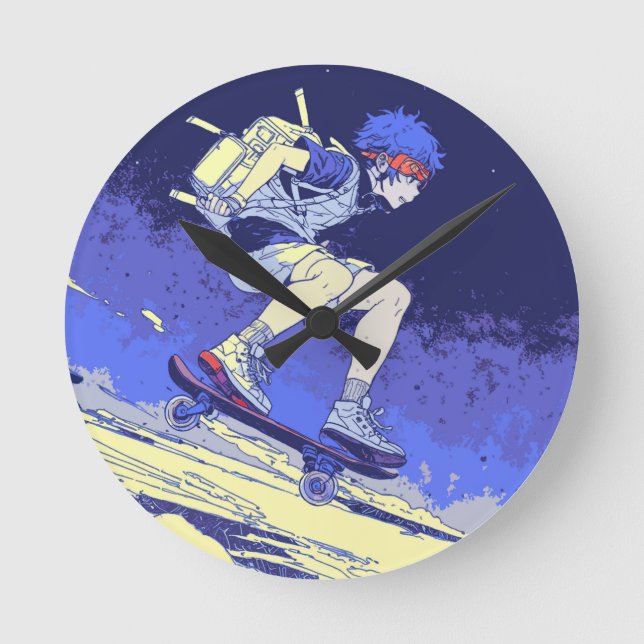 Boarding im Weltraum - Skateboarddesign Runde Wanduhr (Vorderseite)