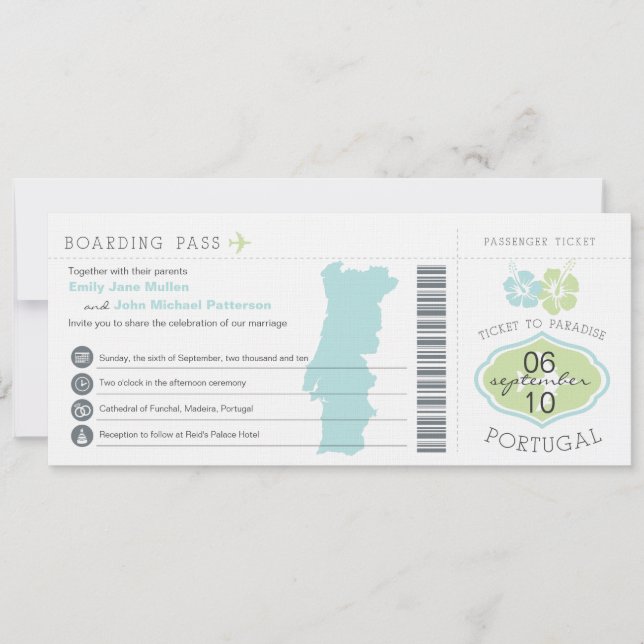 Boarding nach Portugal Einladung zur Hochzeit (Vorderseite)