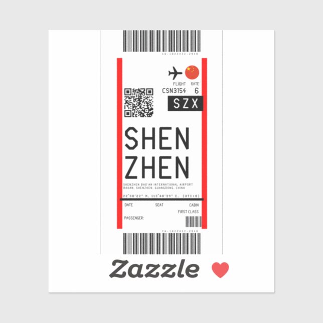 Boarding nach Shenzen (SZX) Aufkleber (Blatt)