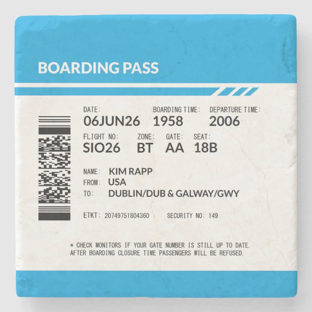 Boarding Pass 6000x6000 (blau) DAM10 Steinuntersetzer (Vorderseite)