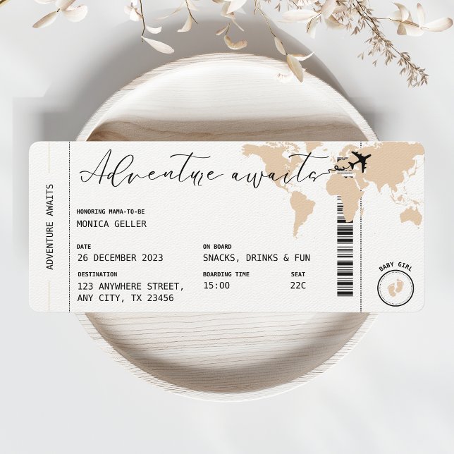 Boarding Pass Adventure Awaits Beige Baby Dusche Einladung (adventure awaits boarding pass baby shower)