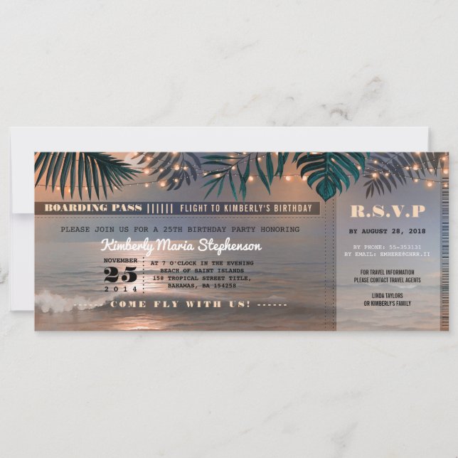 Boarding Pass Birthday Ticket | Beach Sunset Einladung (Vorderseite)