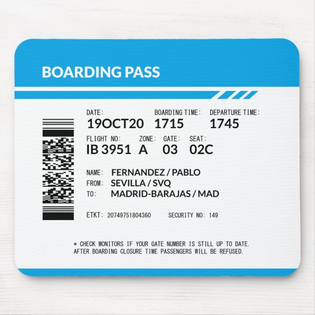 Boarding Pass (blau) Mousepad (Vorne)