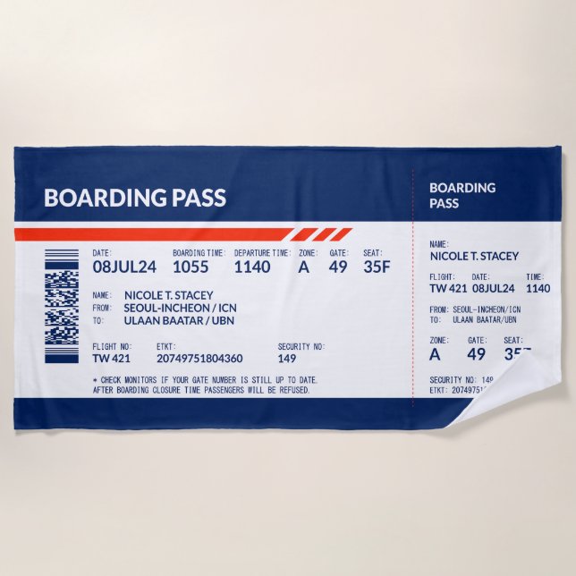 Boarding Pass - Blue & Red Strandtuch (Vorderseite)