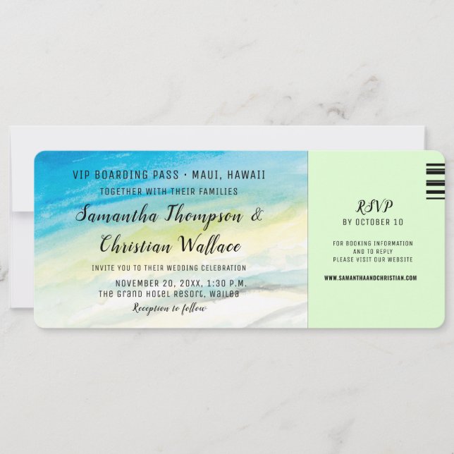 Boarding Pass Destination Beach Hochzeit Einladung (Vorderseite)