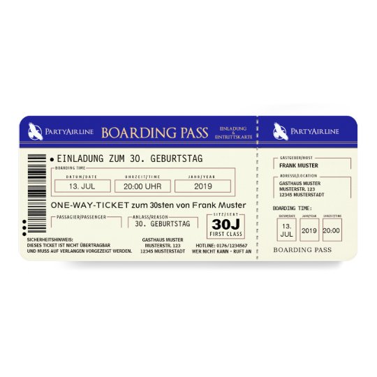 Boarding Pass Flugticket Einladungskarte Blau Zazzle Ch