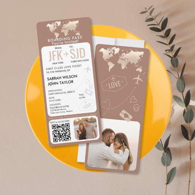 Boarding Pass Flugzeug Ticket Hochzeit in Urlaubso Einladung (modern mocha mousse boarding pass wedding invitation)