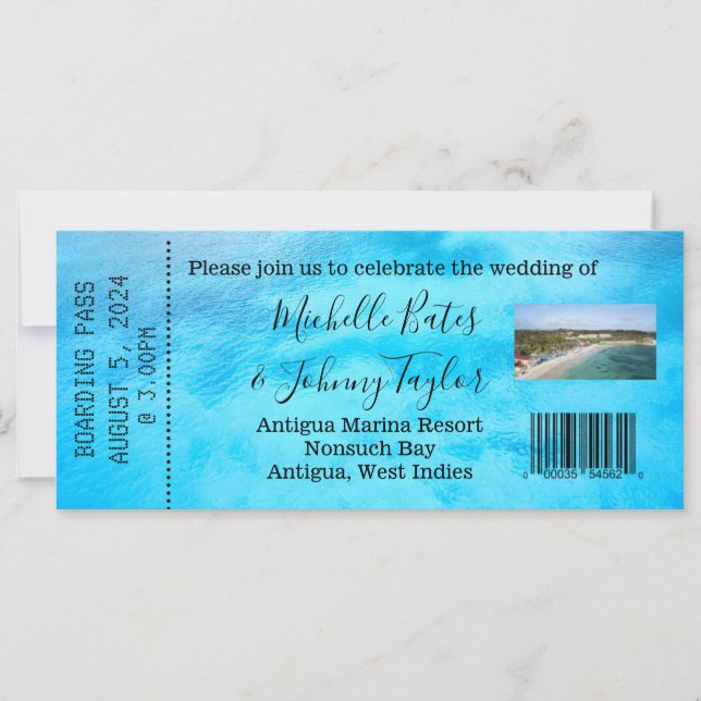 Boarding Pass für eine Hochzeit in Antigua (Vorderseite)