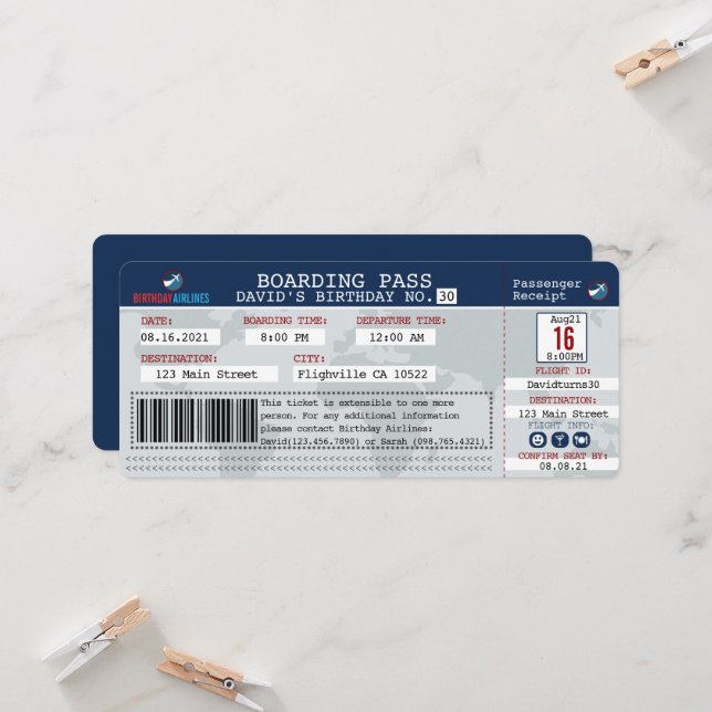 Boarding Pass Geburtstagsladen Einladung (Vorderseite/Rückseite Beispiel)
